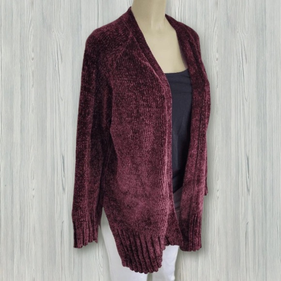 Loft Chenille Blouson Open Cardigan Sweater in Purple Wine Womens Size Medium - Picture 3 of 7
